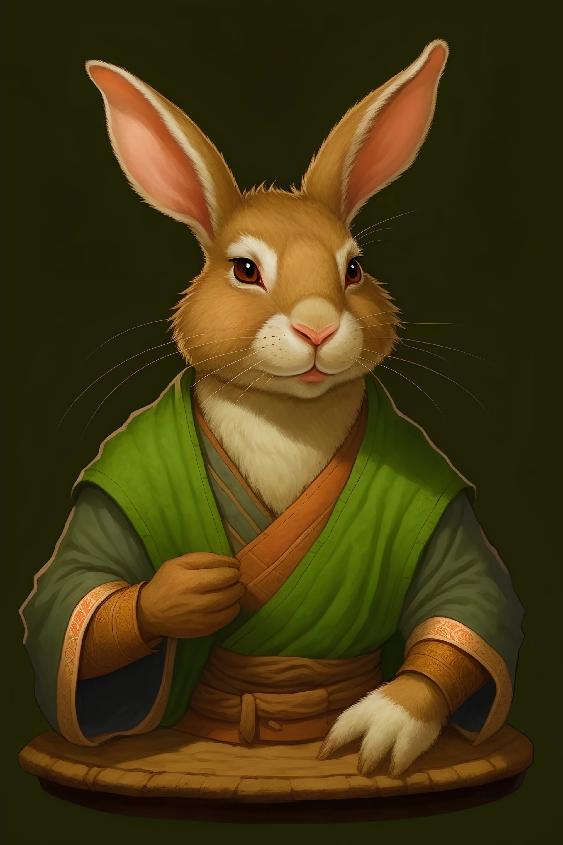 Portrait of a harengon (field rabbit) drunken monk for dnd