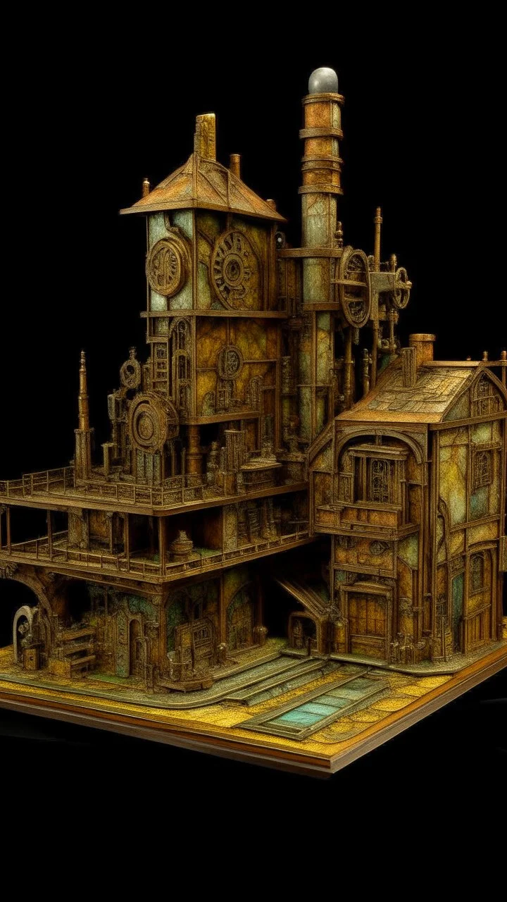 A brownish bronze mechanical factory with magnets designed in medieval tapestry painted by Vincent van Gogh
