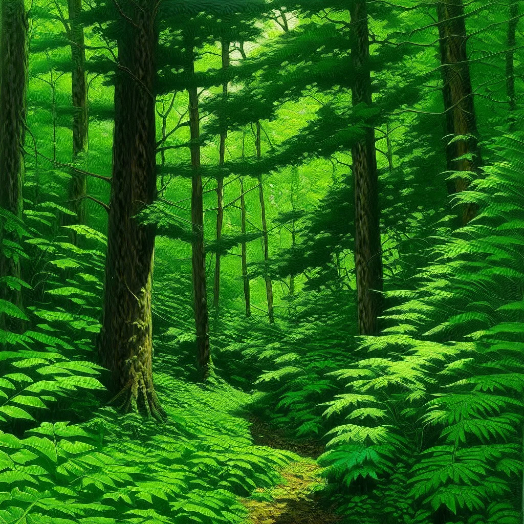 A green leafy forest painted by Frank Wilson