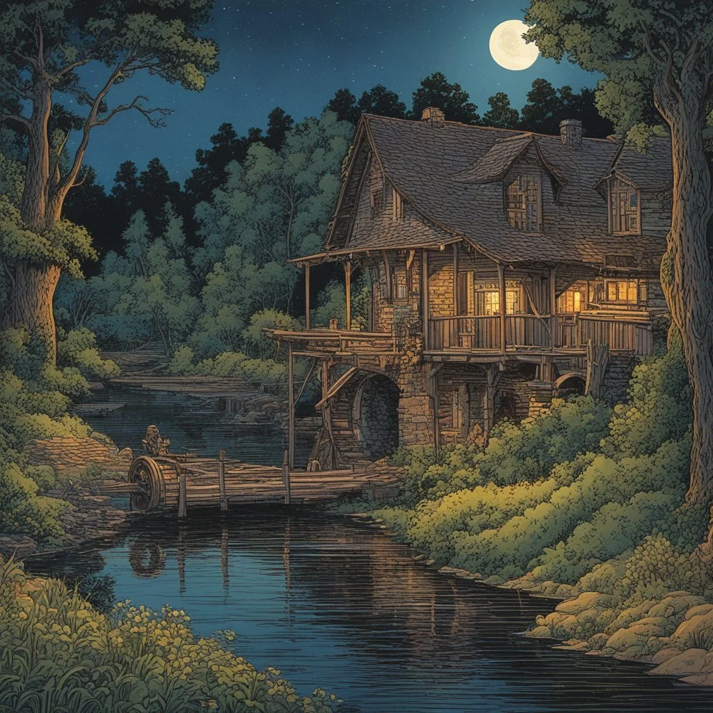 museum quality color woodcut landscape of a fanciful 18th century ramshackle half timber French country millhouse with waterwheel, nestled on the banks of the Dordogne River , on a blissful summer moonlit night, in the style of Gustave Baumann, with a fine art aesthetic, highly detailed, finely cut ,8k render, soft early summer colors