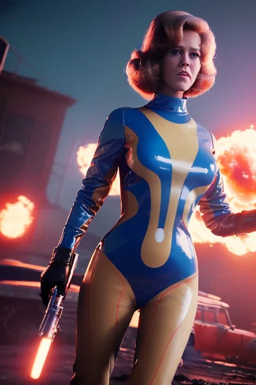 retro sci-fi press image, supermarket explosions from 1960, sweet young Jane Fonda, tight latex suit, weapon, fighting stance, soft color, highly detailed, unreal engine 5, ray tracing, RTX, lumen lighting, ultra detail, volumetric lighting, 3d, finely drawn, high definition, high resolution.