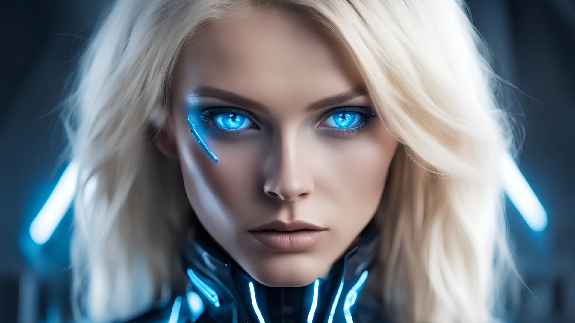 women blonde from the future with blue eyes and futuress outfit and mysterious and powerfull look