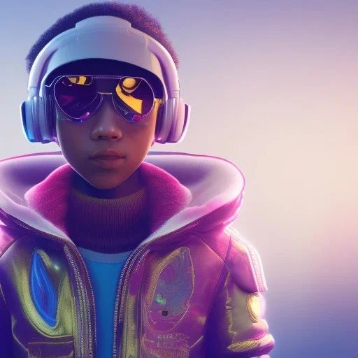 stylized Rabbit toddler, smiling, cyberpunk headphone, sunglass, gangsta gold neckless, full body, magenta puffer jacket, manila city backdrop, dramatic lighting, hyper realistic, unreal engine 5, 16k