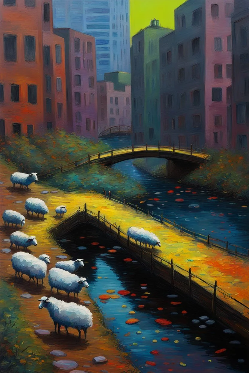 painting of a cyberpunk colourful natural walkway rubbish on the street in the city with pollution and a small bridge by a creek with electric sheep and androids by monet