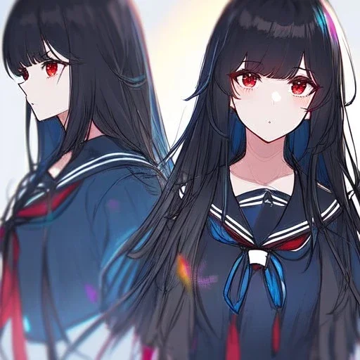 Clear focus, High resolution, long black fluffy hair, red eyes, chopped bangs, wearing a sailor uniform, wearing a sailor skirt, colorful, hollywood, female, no outlines, extreme close up, rough line sketch