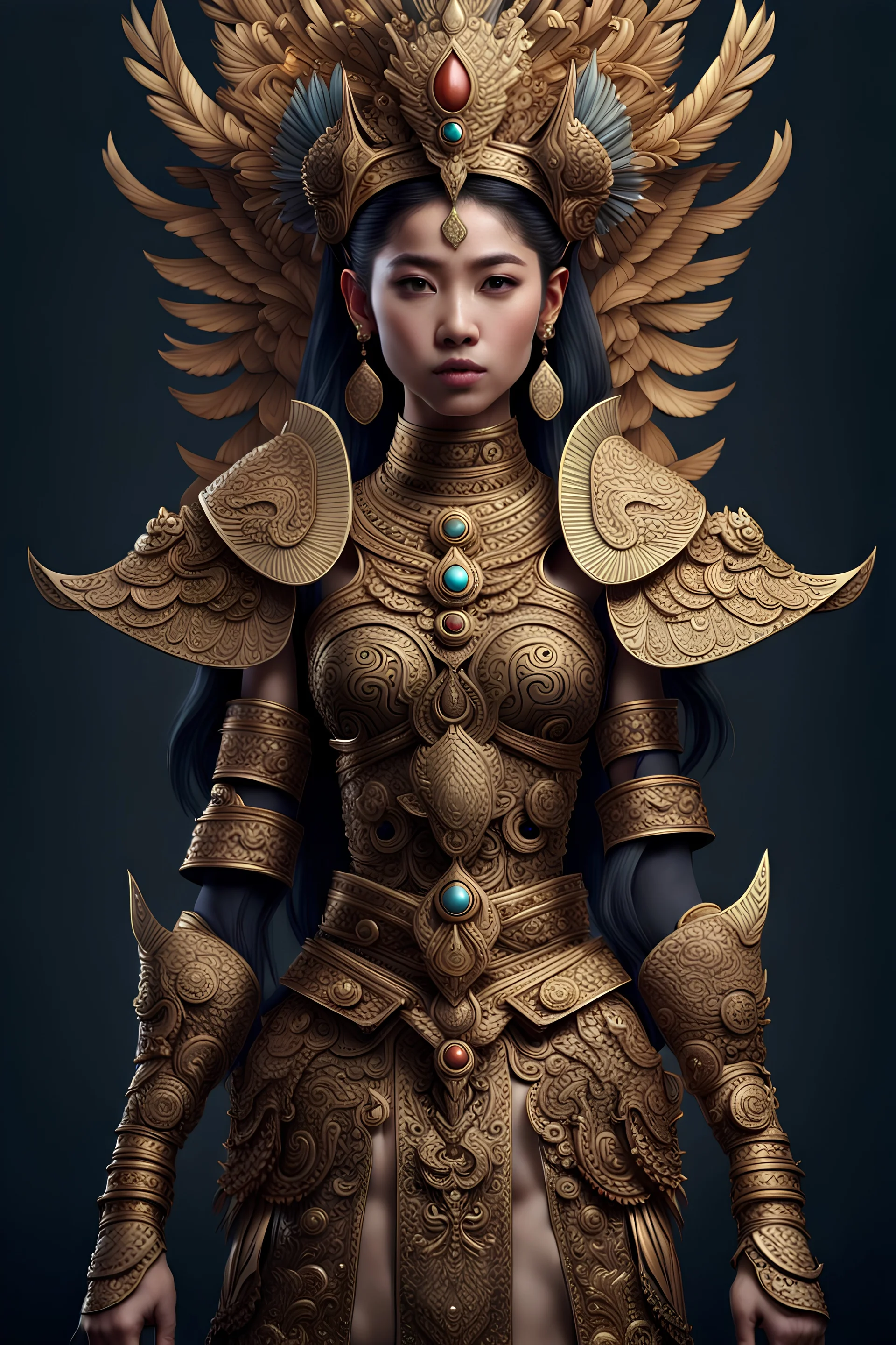 Fhoto full body, reality, Raw, Indonesia culture future, kingdom, queen warrior, digital art, intricate details, powerful composition, captivating, , trending on artstation, high focus, studio photo, intricate details, highly detailed, by addie_digi