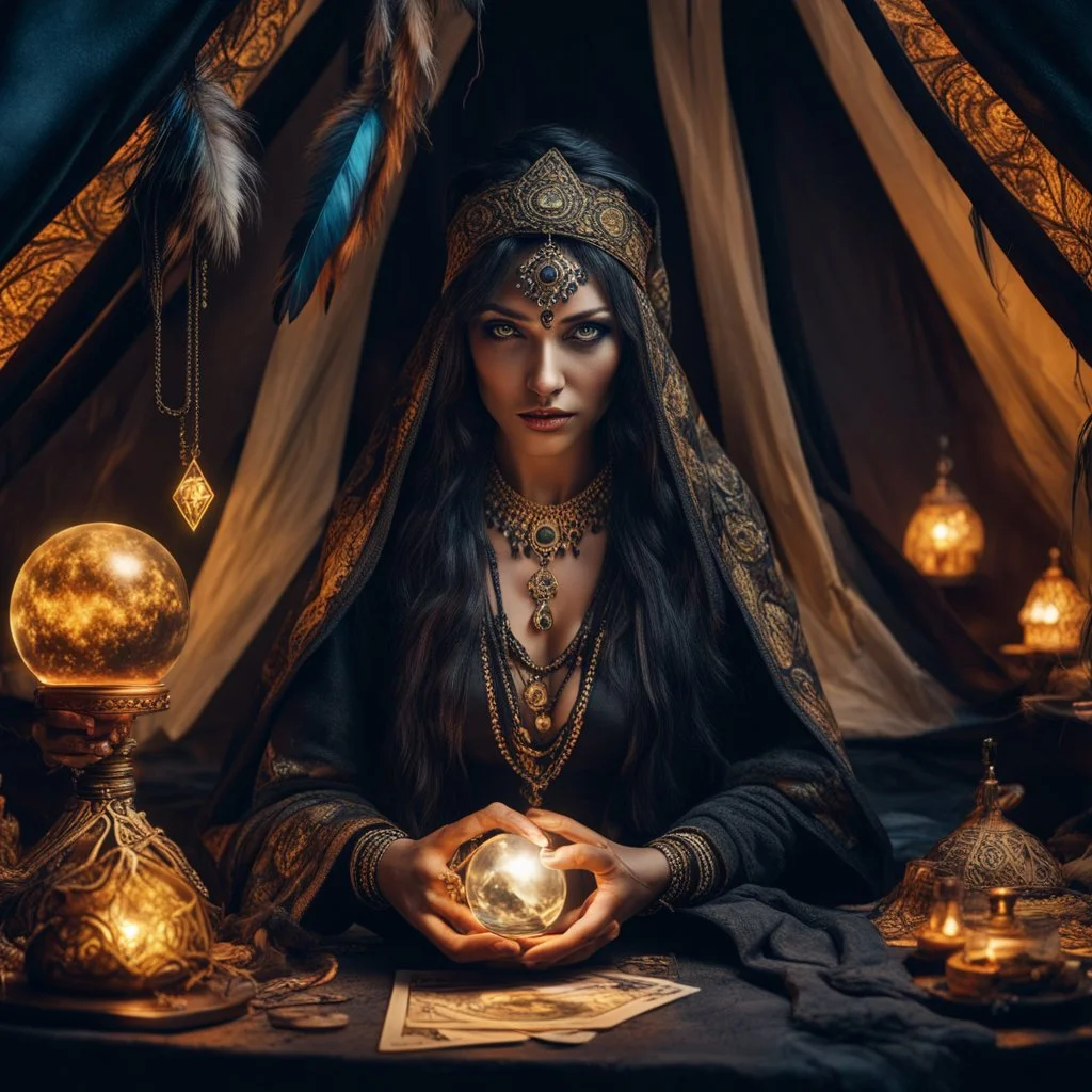 Hyper Realistic photographic-view of Wicked-&-Beautiful-Fortune-teller-with-glowing-golden-eyes wearing black-beed-necklace-&-bracelet angrily Looking at her crystal-ball glowing magically & sitting in her tent at dark-night decorated with fancy-traditional-feathers-&-tarot-cards showing dramatic & cinematic ambiance"