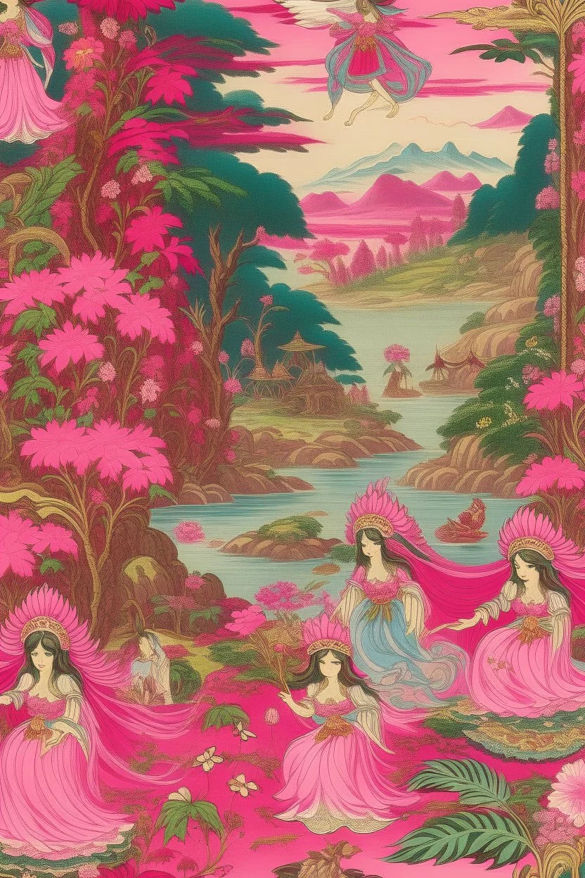 A pink fairy kingdom designed in Navajo yarn painted by Utagawa Hiroshige