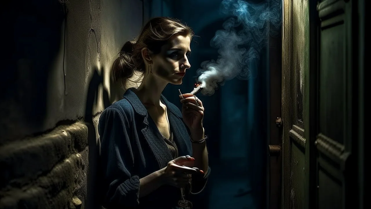 Woman smoking a ciguarete in a narrow lonely dark ally