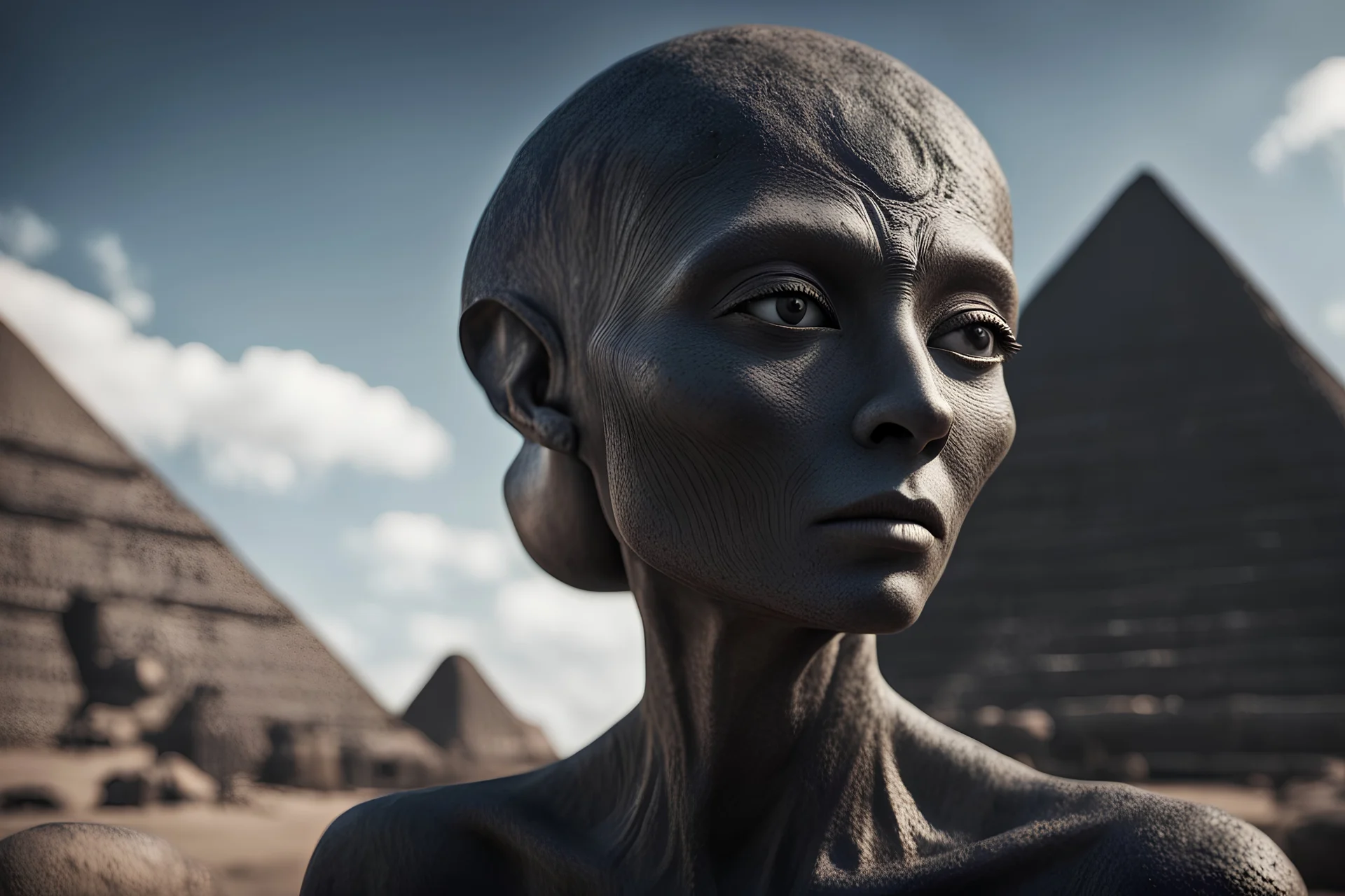 Hyperrealistic medium shot, low angle portrait of alien woman. Her face has the features of the mohais of Easter Island on an unknown planet. He has stone skin black as coal. Behind her, you can see the alien planet landscape and far away a pyramid under construction. High detail. Trendy cinematography. 32K. extremely detailed. Professional photography. seductive lighting.