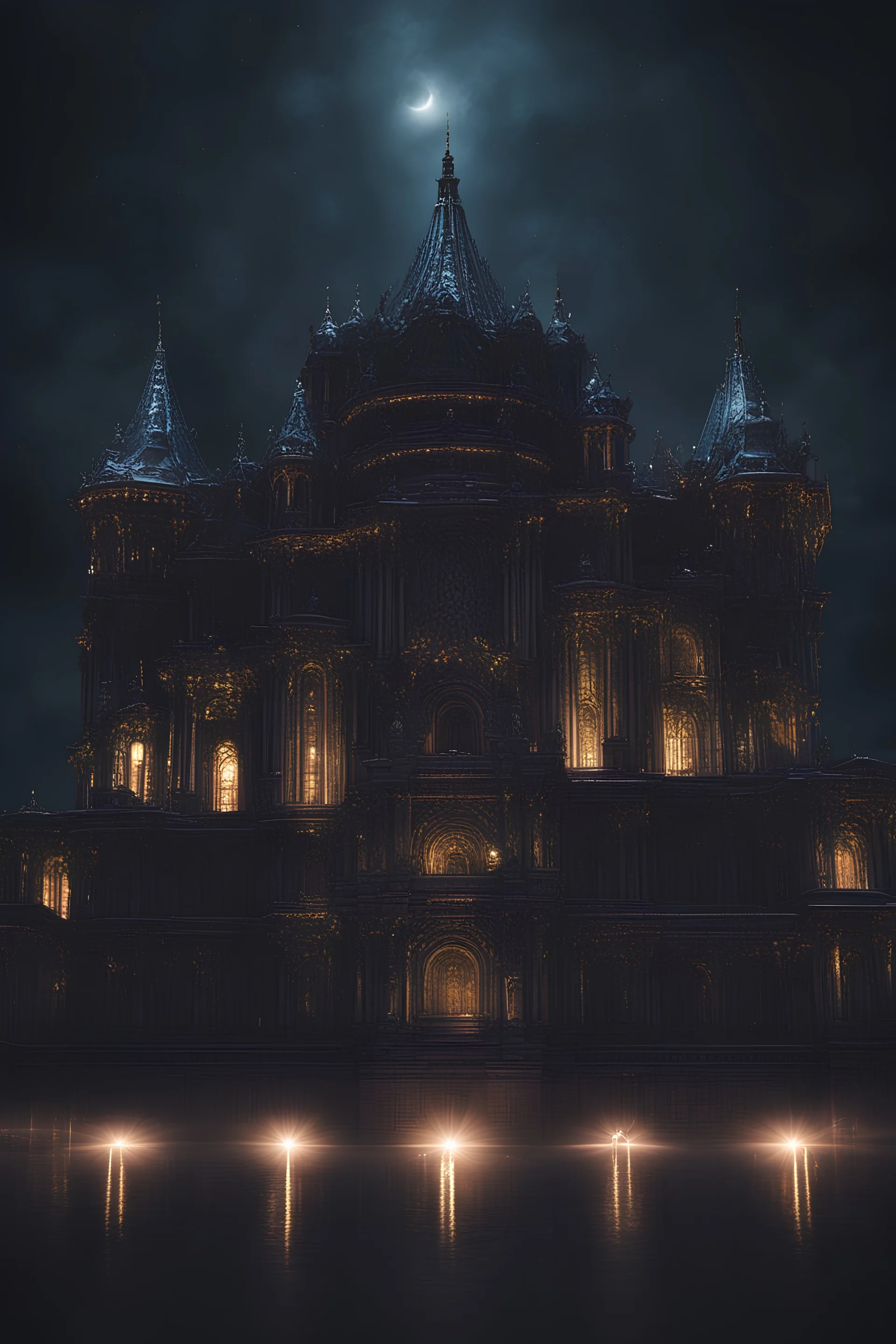 A dark palace at night with bright lights all around