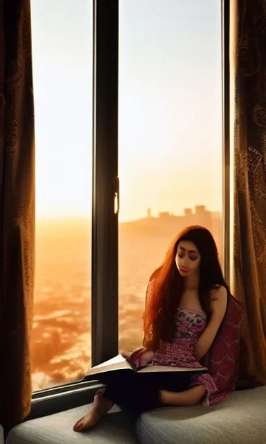 Beautiful, thin young woman, Arab home clothes, wavy hair, sitting on an office chair, reading a novel, next to a window, outside the window is sunset , 8k, finely detailed, photo realistic, cinematic