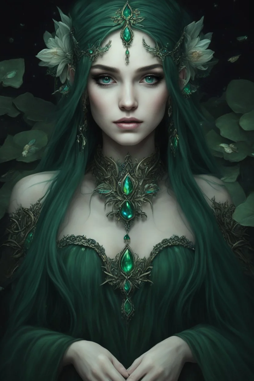 Dark green hair, elven crown emerald Water lilies long hair lotus night Fairy princess rapunzel hair queen crown dragonflies fireflies elven tiara flowers fairy wings gothic dark green