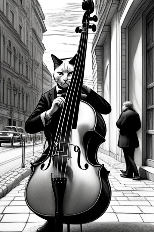 One single mature cat playing contrabass on the street, Vienna, thoughtful, mourning, model style, hyper realistic, extremely accurate, delicate, extremely detailed, Graphic novel style, wide-angle, open aperture, superfine pencil