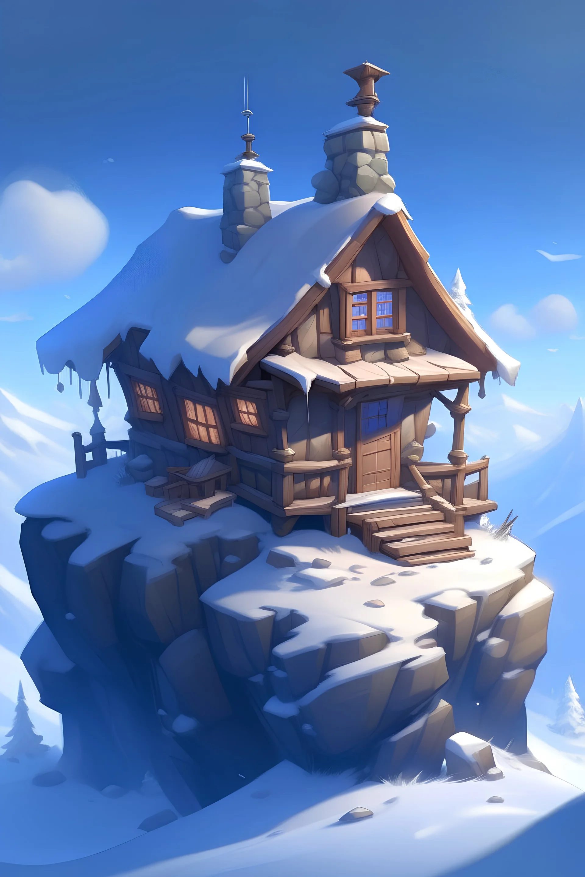 A small cabin on top of a snowy mountain in the style of Disney, artstation