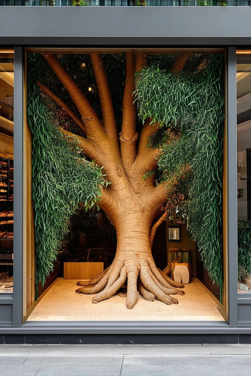 a retail window display that looks like it is inside a eucalyptus tree