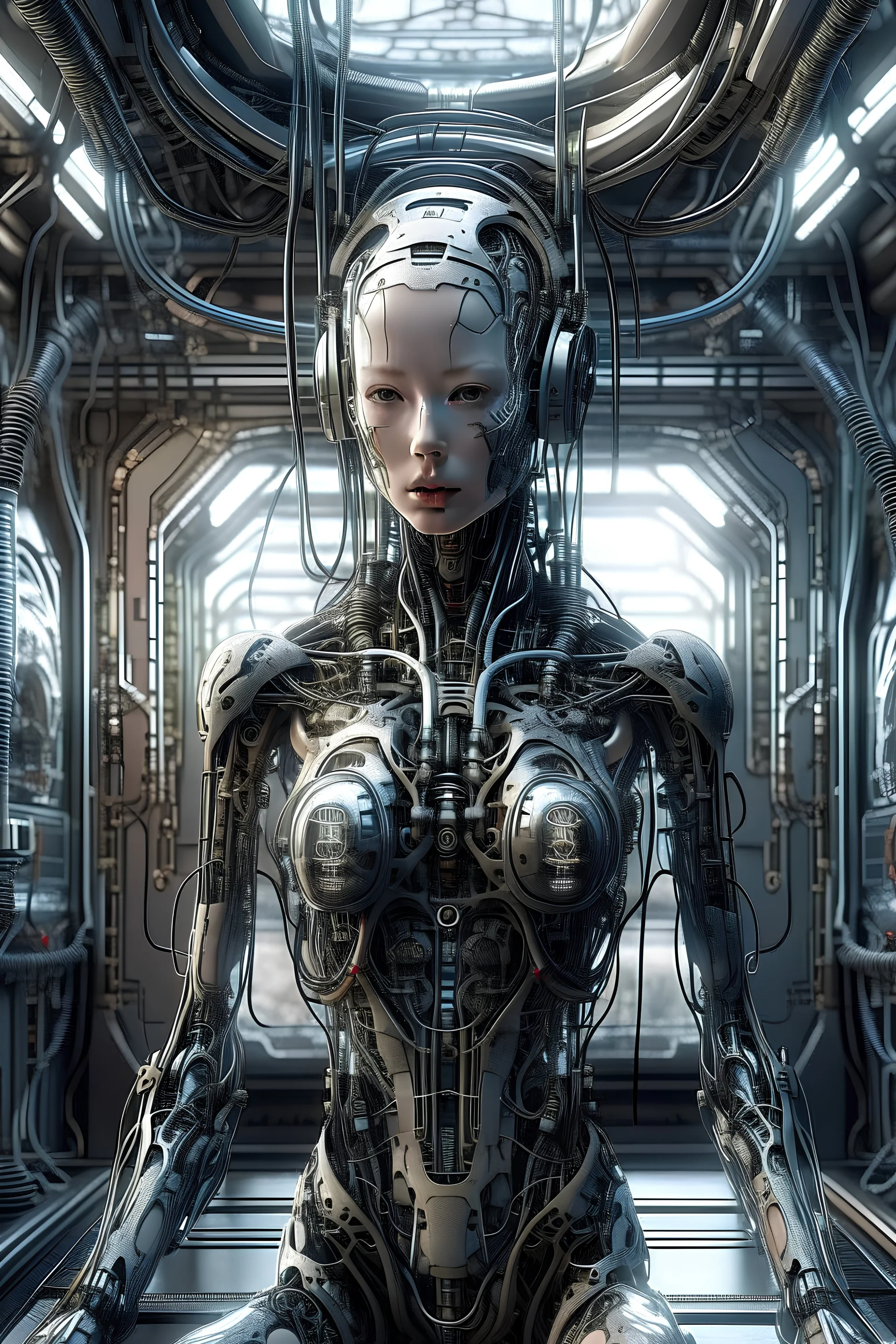 high quality, 8K Ultra HD, high detailed human-cyborg hybrid woman, full body, in the background is the interior of a spaceship,big window,cybernetic,cable electric wires,microchip,anatomical,polished,porcelain,ultra detailed,ultra realistic,extremely realistic,intricate,epic composition,H.R. Giger style