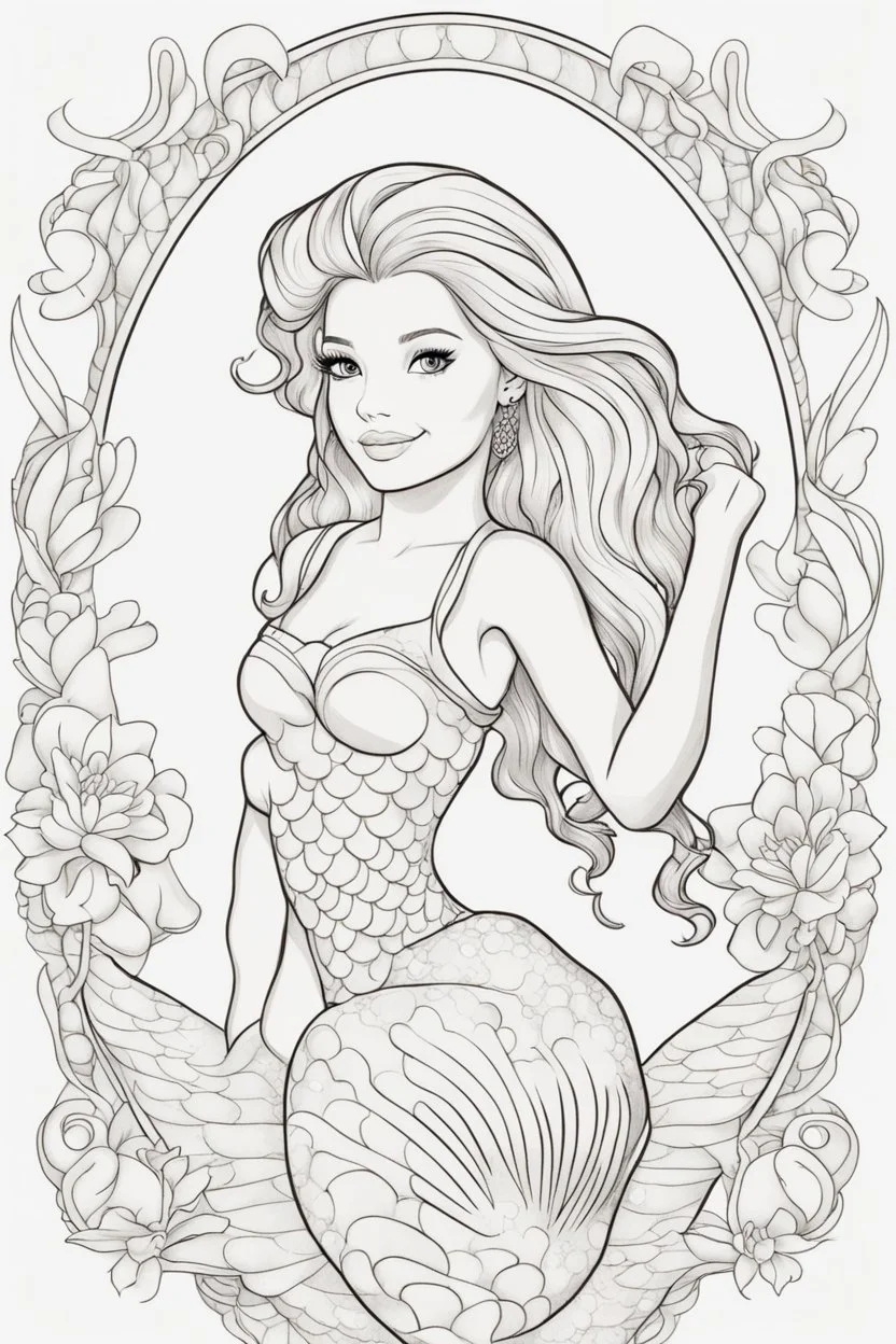 outline art for kids coloring pages with a female mermaid, no background, sketch style, full body, only use outline, mandala style, clean line art, white background, no shadows and clear and well outlined. should look exactly like barbie