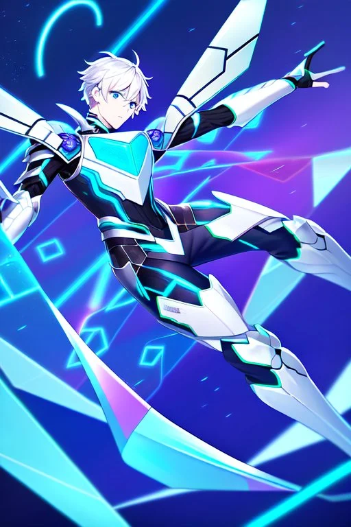 neon blue, flying parts of armor in form of triangles, cyber armor, geometric patterns on armor, male, orbiting triangle