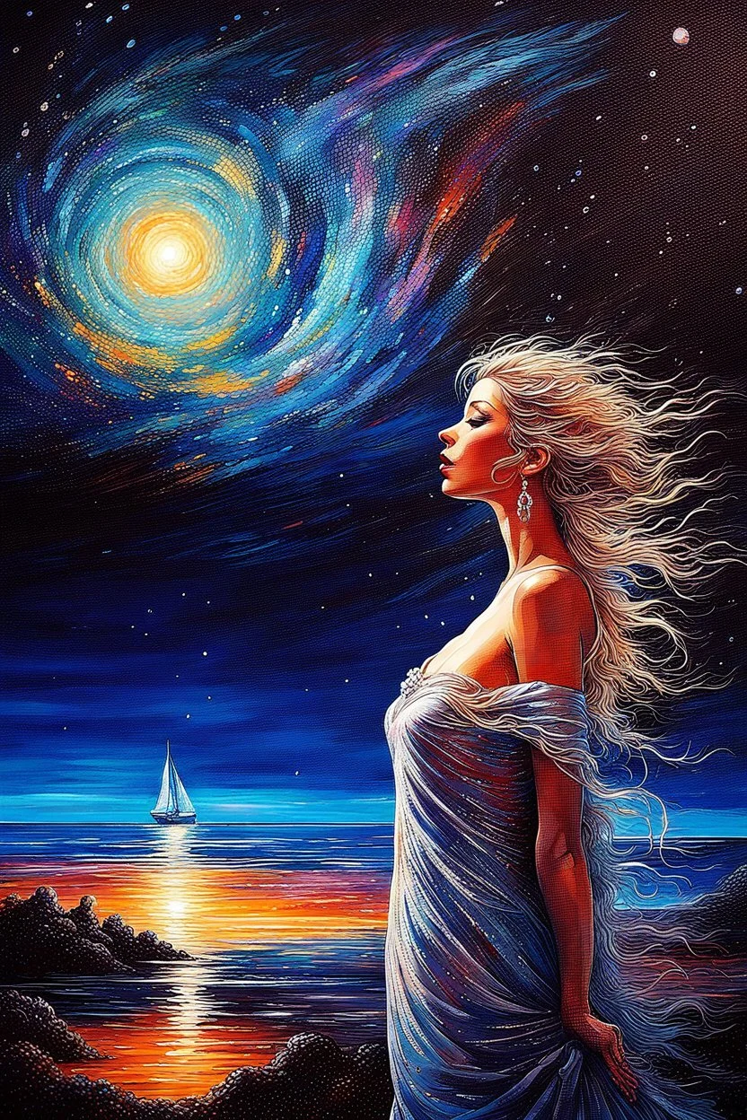 the night sky, she awaits with anticipation, Karol Bak UHD,, Pino Daeni and Dan Mumford, exquisite rendering, style of Leonid Afremov, Mario Sanchez Nevado. Modifiers: intricate very attractive beautiful award winning ultra detailed colourful high energy