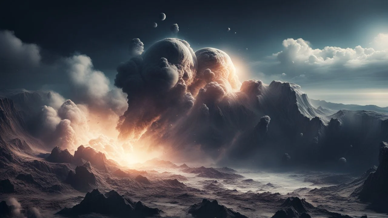 A volley of comets crashing into earth, as seen from mountain top, giant waves demolishing the terrain,8K picture quality, cinematic lighting, dynamic destructive scene