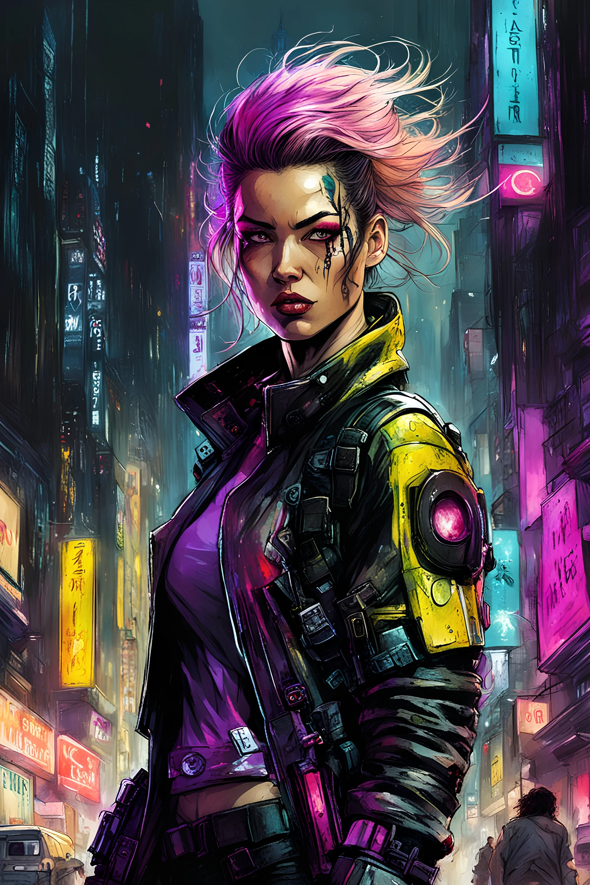 full color concept illustration of cyberpunk anti heroine , maximalist, sharp focus, highest resolution, in the styles of Denis Forkas and Masahiro Ito, boldly inked, 8k, coarse, gritty textures