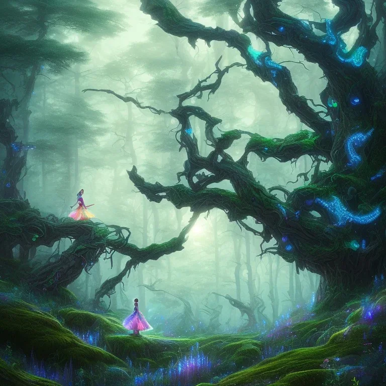 blue ridge mountains environment, fairy novel character, portrait, vibrant colors in the style of athletic black princess, colorful volumetric reflective lighting effects, beautiful spirit ultra detailed, Intricate concept character design is walking through the dark forest woods