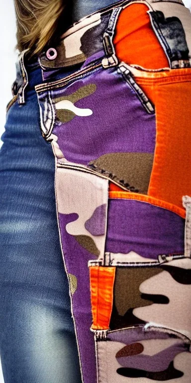 Model, woman. sérigraphie on denim with orange,terracotta, cream and purple colors. Camouflage patterns are screen printed on denim. Brunette woman in her 30's. thick thighs, thick calves, flat belly, wide hip. Mantle is sewed of recycled Denim and sewed together of camouflage pieces. It is with big bright purple felt tippet and cream-colored-hood. mantle is merged with satchel. Style: Haute Couture in 1920's and 1990's in New York. Paris in 2023