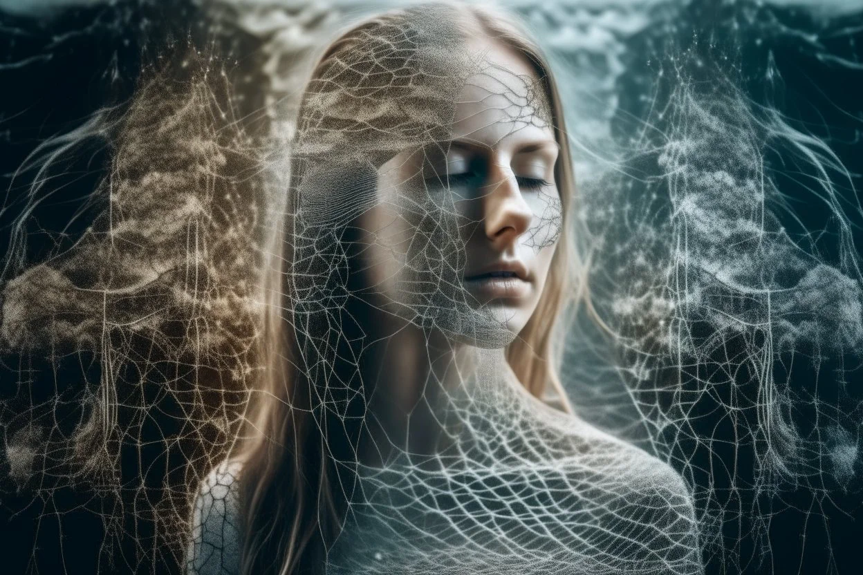 double exposure, merged layers, woman shaped silver wire mesh, real pearl and driftwood, contemplative gaze into the distance, heart and love, waterfall, dreamlike composition, front illuminated, silver glitters