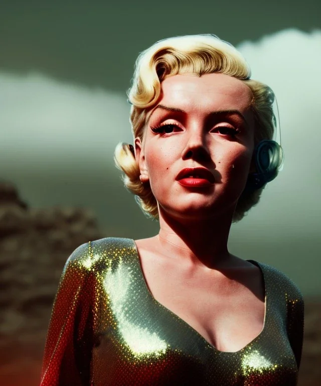 Ultra Realistic retro sci-fi 1960 scene, waist up view portrait, blonde woman, sweet young Marilyn Monroe face, perfect iris, tight latex coat, Strange planet background, Retro sci-fi style glass helmet, sphere dron, fog, rain, soft color, highly detailed, unreal engine 5, ray tracing, RTX, lumen lighting, ultra detail, volumetric lighting, 3d, finely drawn, high definition, high resolution.