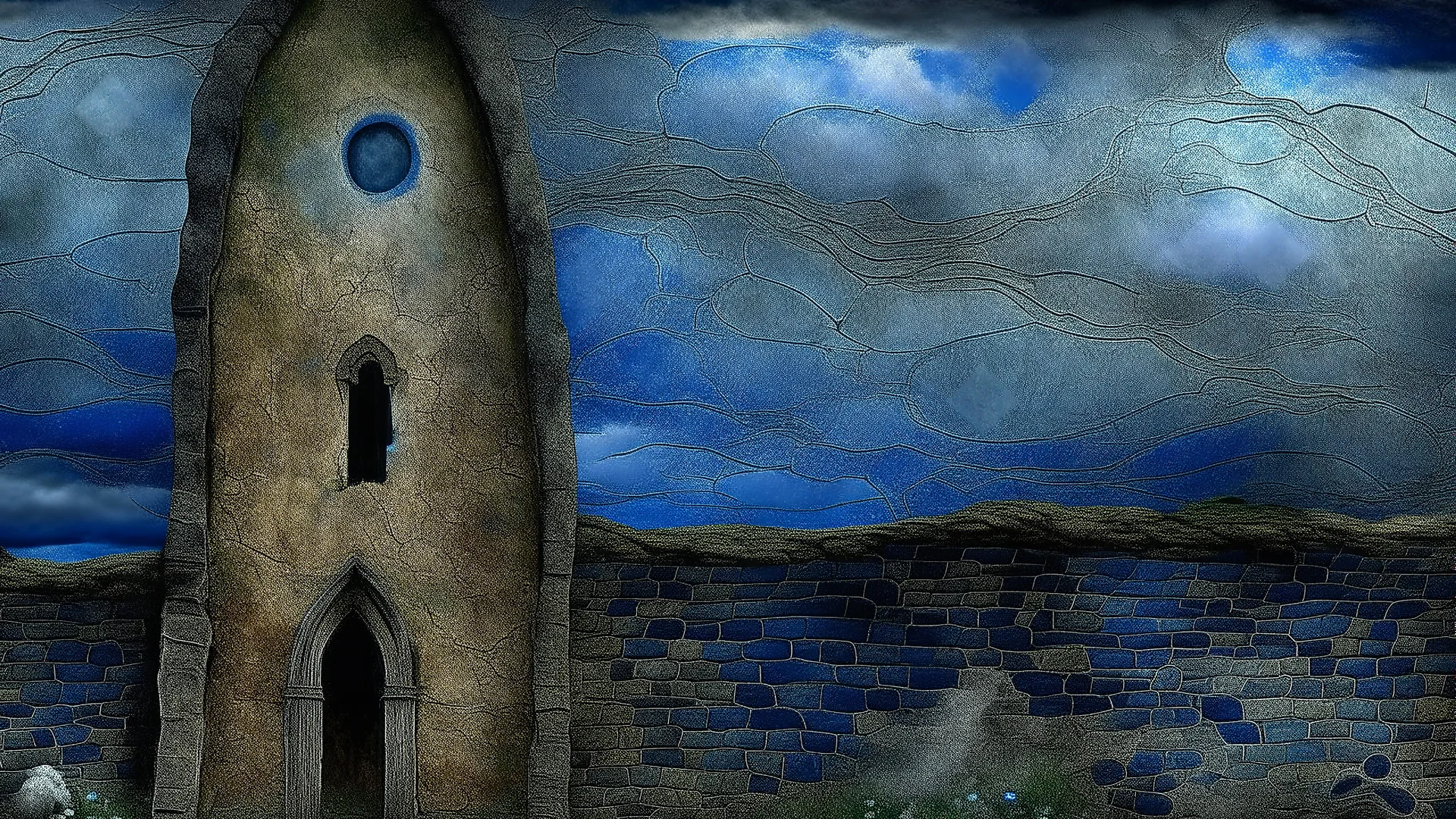 A dark gothic landscape depicting a ruined monastery with crumbling arches and shattered windows, set against a stormy sky illuminated by occasional flashes of lightning. The ground is overgrown with weeds, adding to the desolate atmosphere.