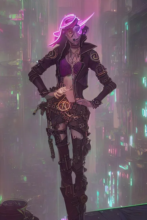 steampunk elf in a neon dystopian city