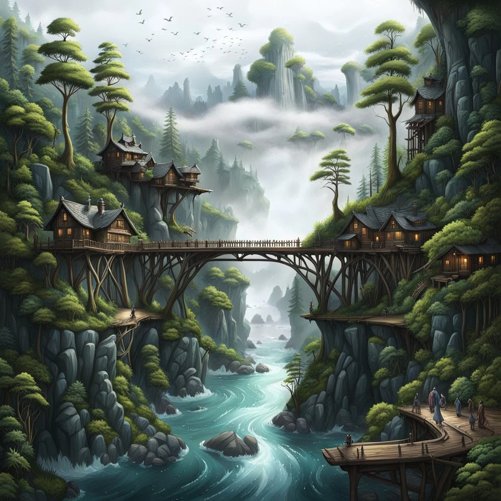 rany day, close ap a visible from the side one massive wooden bridge connects the over two gorge, between two tall rocky shores, sprawling, tall thick alien trees on both shores, log wooden houses in the distance in the background, rainy landscape, lush vegetation , massive trees, little wolf-man creatures work, and stand, high detailed, fantasy, high photorealistic, cinematic