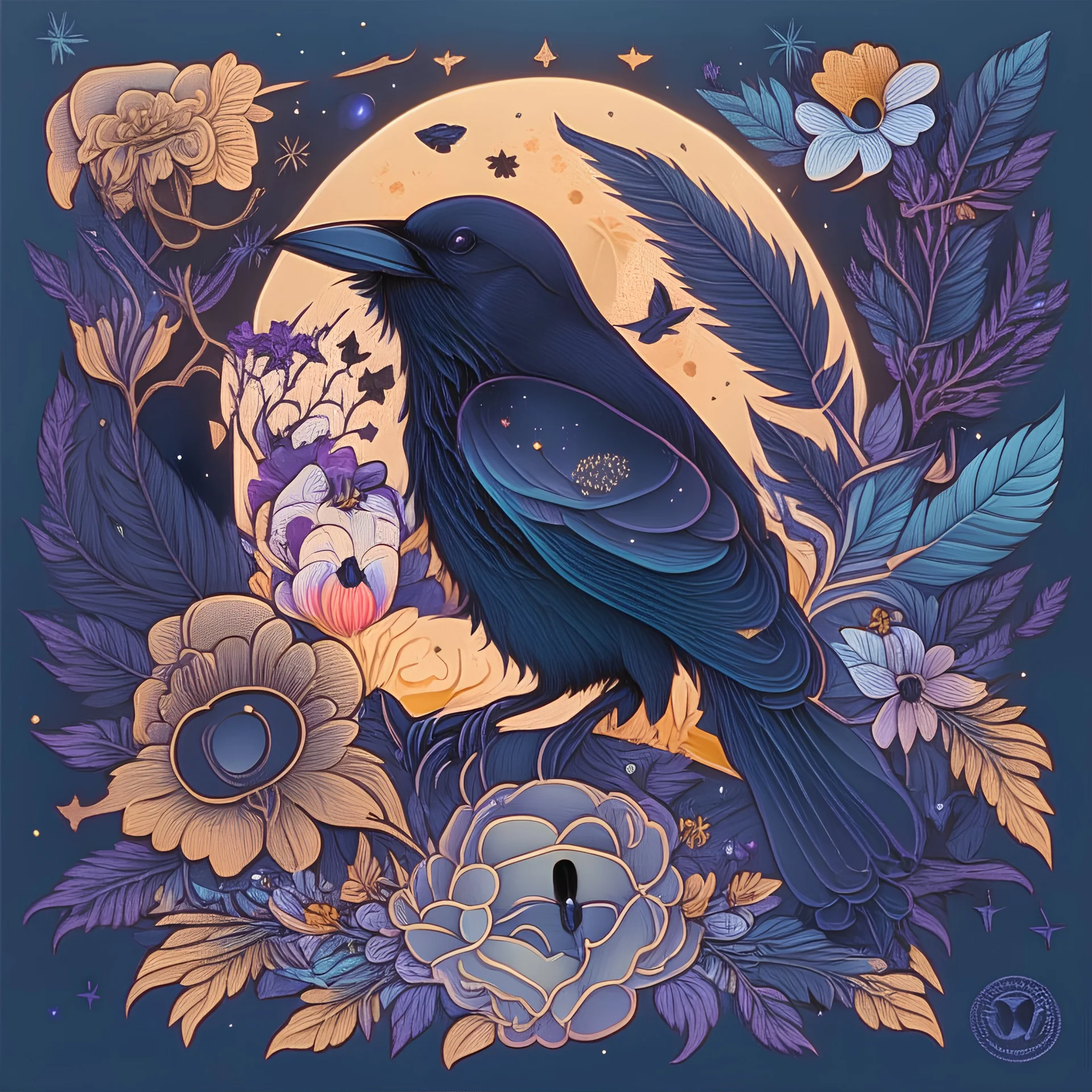 Best quality, masterpiece, ultra high res, detailed, illustration, design, flat vector style, high resolution, illustraTed, shadows and light, aesthetic, modern, ambient lighting, flat colors, vector illustration, raven, moon, leaves, stars, flowers, sailor jerry tattoo, old school tattoo