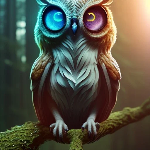 intricate details, realistic, octane, unreal engine, portrait, natural lighting,zoomed out + portrait, volumetric lighting, shiny,extreme detail, Photorealism, High detail, Hyper realistic Owl in forest, macro lens blur,abstract paint, sharp,ef 85mm 5.6, focus, trending by artstation