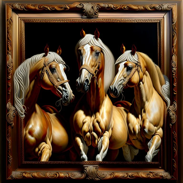 Tres Caballos Palomino cuerpo completo obra de arte hiperredetallado arte renacentista pintura al oleo 8k marco del cuadro tallado en mdera