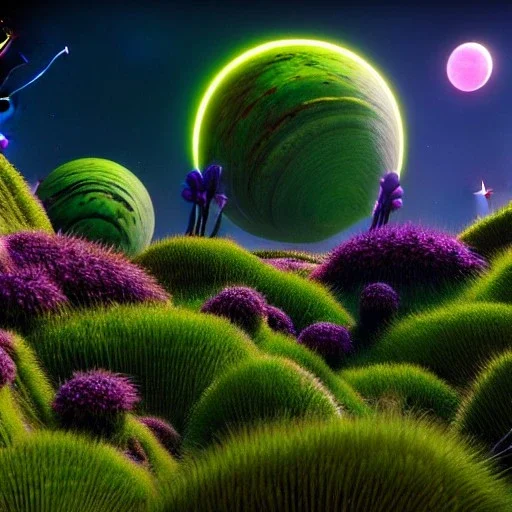 scifi landscape, lighting plants, flovers, another planet in sky, alien creatures on background, beautiful, attractive, carnivore, deep colours, 8k resolution, dynamic lighting, ultra hyperdetailed, intricately detailed, Unreal Engine 5, ultra colourful, very small details