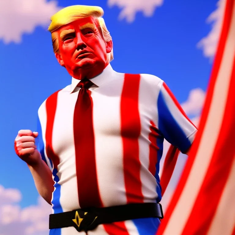 Realistic image of Donald trump super hero, retro style, watchmen style, red white blue colors, white stars, suspenders, latex material, 80s, vibrant color, highly detailed, sky background, concept art, unreal engine 5, god rays, ray tracing, RTX, lumen lighting, ultra detail, volumetric lighting, 3d, finely drawn, high definition, high resolution.