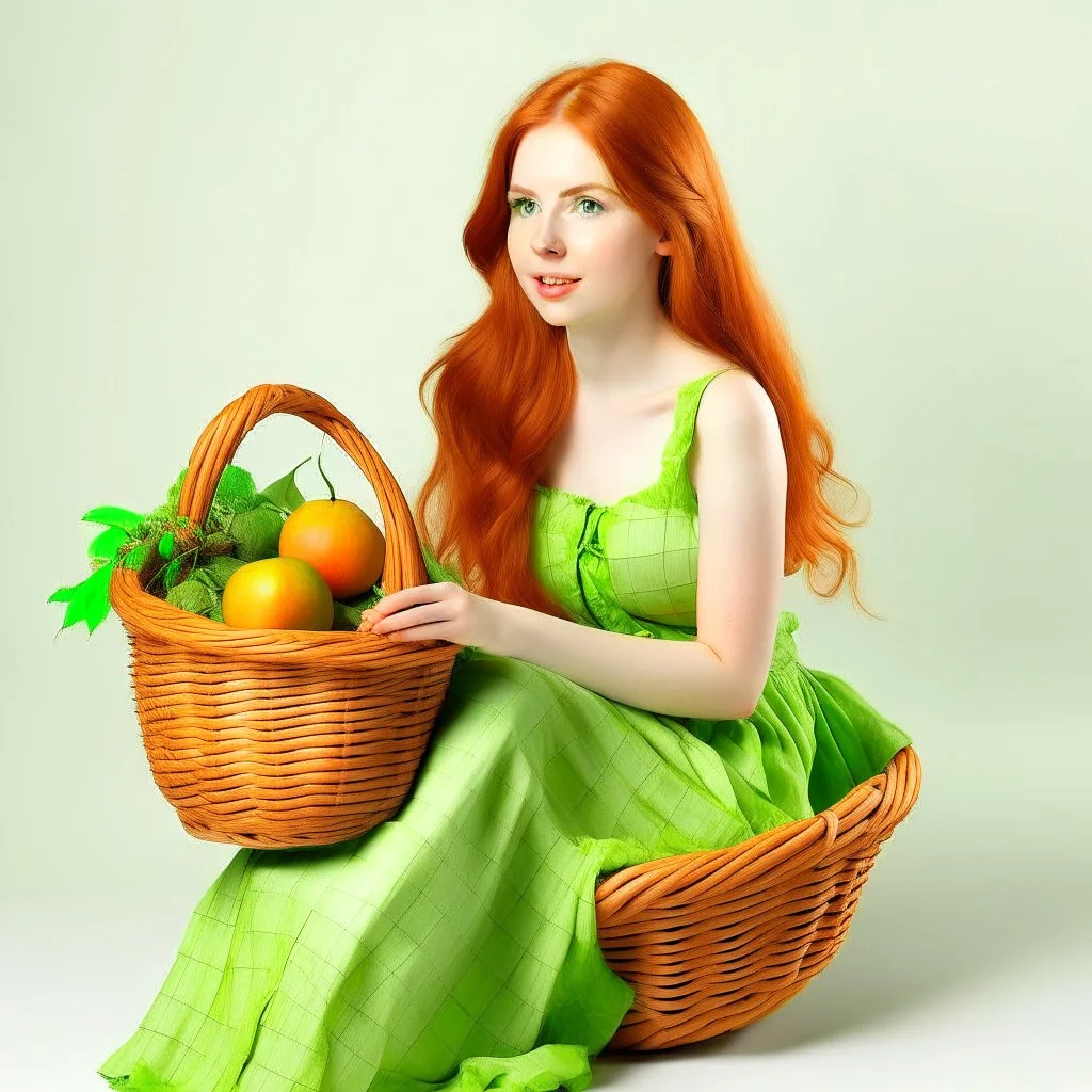 A beautiful young woman with orange hair sitting in a light green dress with a basket full of mangoes. All on a light background that can be easily removed.