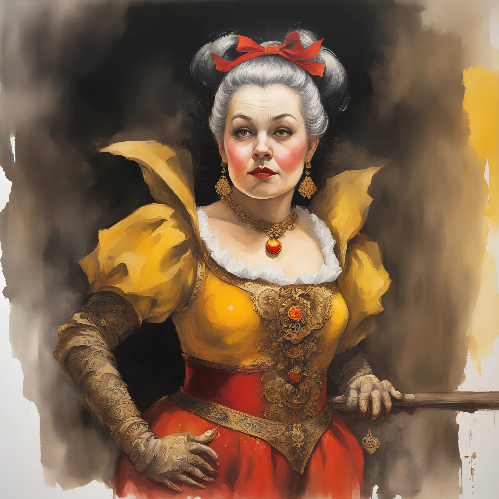 a Hideous, horrifying, frightening Snow White the dwarf, wearing a red leather sling suit with a gold/yellow bat emblem on the waist, dark, multicolored watercolor stained wall in the background, oil painting in the art style of Frank Frazetta, 32k UHD, Hyper realistic, photorealistic, realistic, sharp, highly detailed, professional quality, beautiful, awesome, majestic, superb, trending on artstation