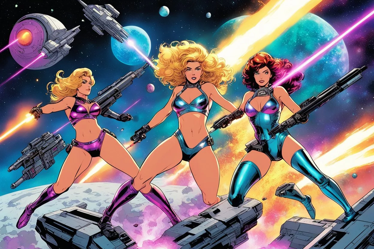 Three powerful women in metallic, futuristic bikinis engage in a dynamic laser blaster battle on a space platform. The artwork is rendered in a vibrant, vintage comic book style with psychedelic colors, retro spaceships, and cosmic explosions.