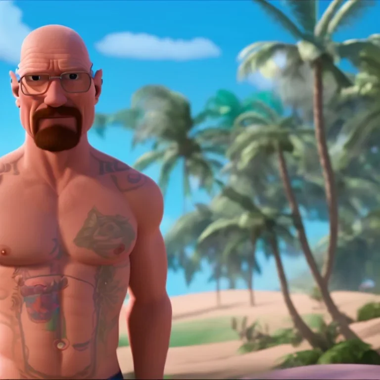 shirtless Walter White , 8k, tropical background, unicorn tattoo,