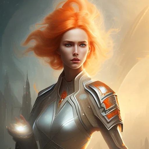 fantasy setting, woman, orange locks, white locks, more orange hair, more white hair