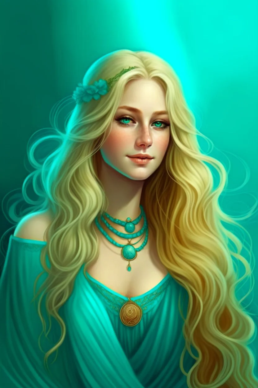 portrait of a goddess with long blond hair, warm-hearted, turquoise