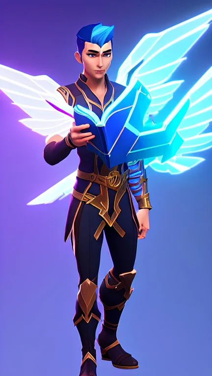 a human male with blue short hair and blue wings in assymetrical armor with geometric patterns and a book in hand, geometric wings