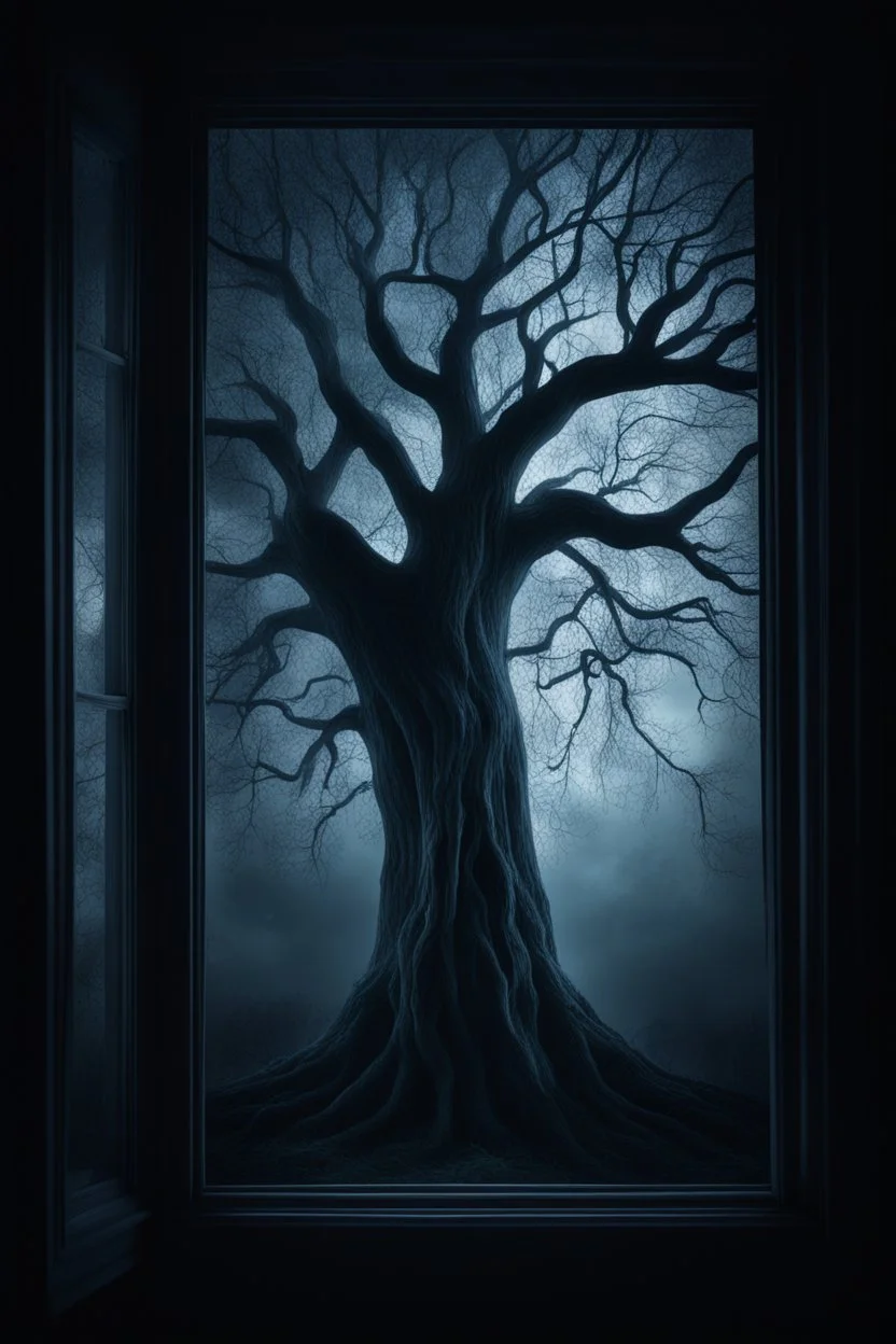 Midnight Whispers ghost window showing a scary tree on the outside
