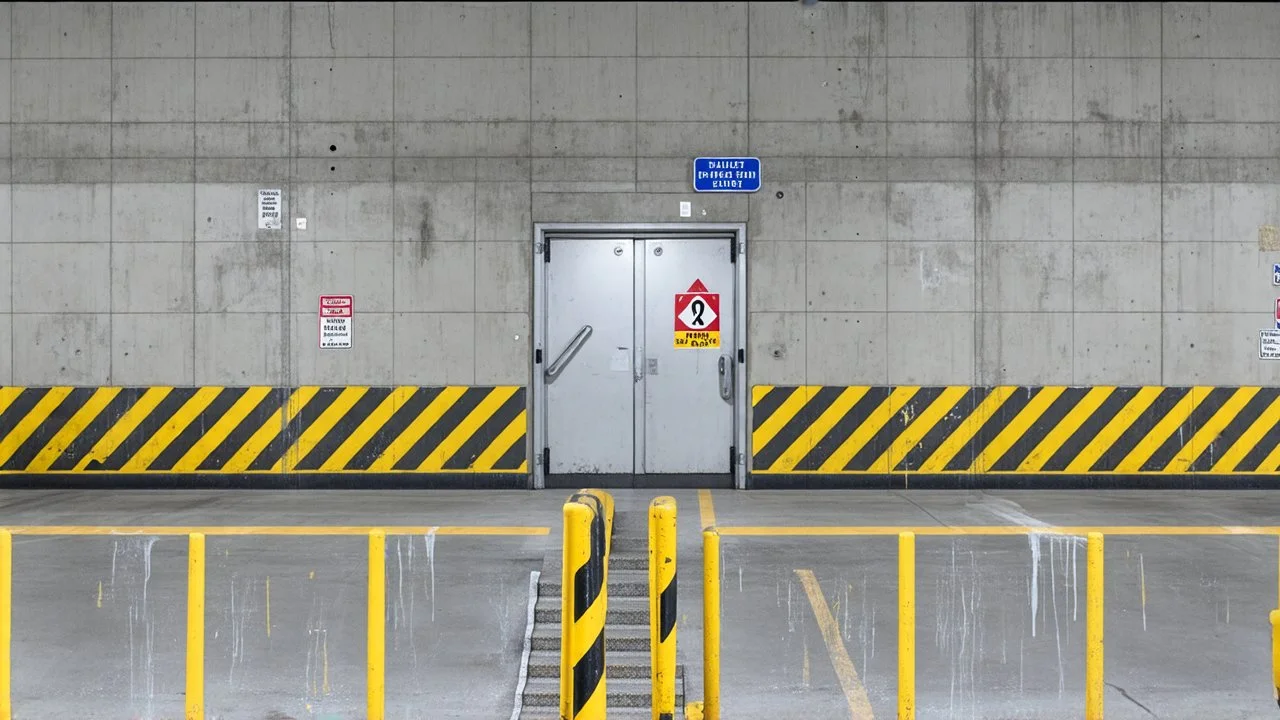 wall design for parking garage, concrete, yellow painted hazard lines, weathering and water stains, in middle is a realistic steel double doors to a stairway, with a sign is above. rough painted hashmarks and parking lines, add signage found in a parking garage.