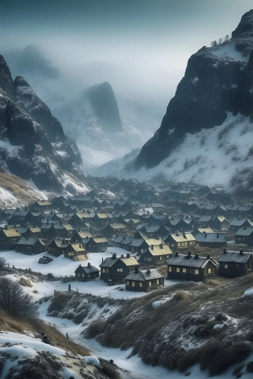 a small village at the bottom of a icy mountain