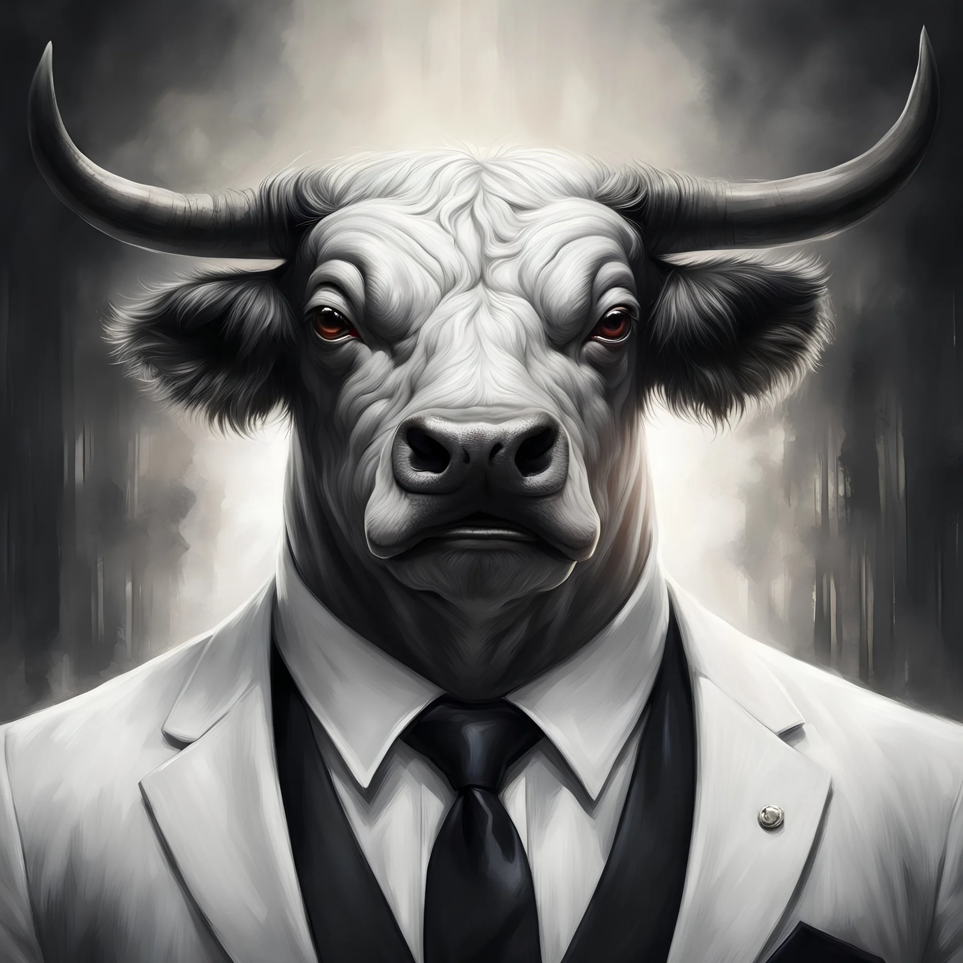 (realistic:1.3), poster,intricate details,painting \(artwork\), ((masterpiece,best quality)), ((cinematic light)), bull,hybrid,hyperealistic, scary, dark fantasy \(style\), Dressed in a white shirt and black tie,