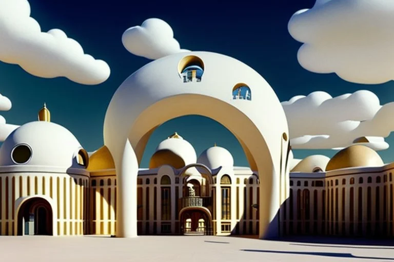 A surreal town with arches and domes, clouds and with long shadows by artist "Berndnaut" and "Leonora Carrington" and "de Chirico"